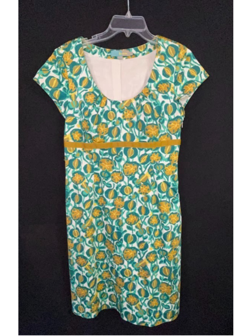 Boden Cotton Dress WH183 Green Gold Lined Empire Waist Sheath Size 8R Wedding